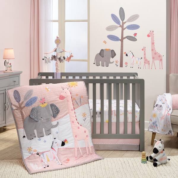 slide 2 of 10, Lambs & Ivy Jazzy Jungle 3-Piece Safari Animals Pink Baby Crib Bedding Set