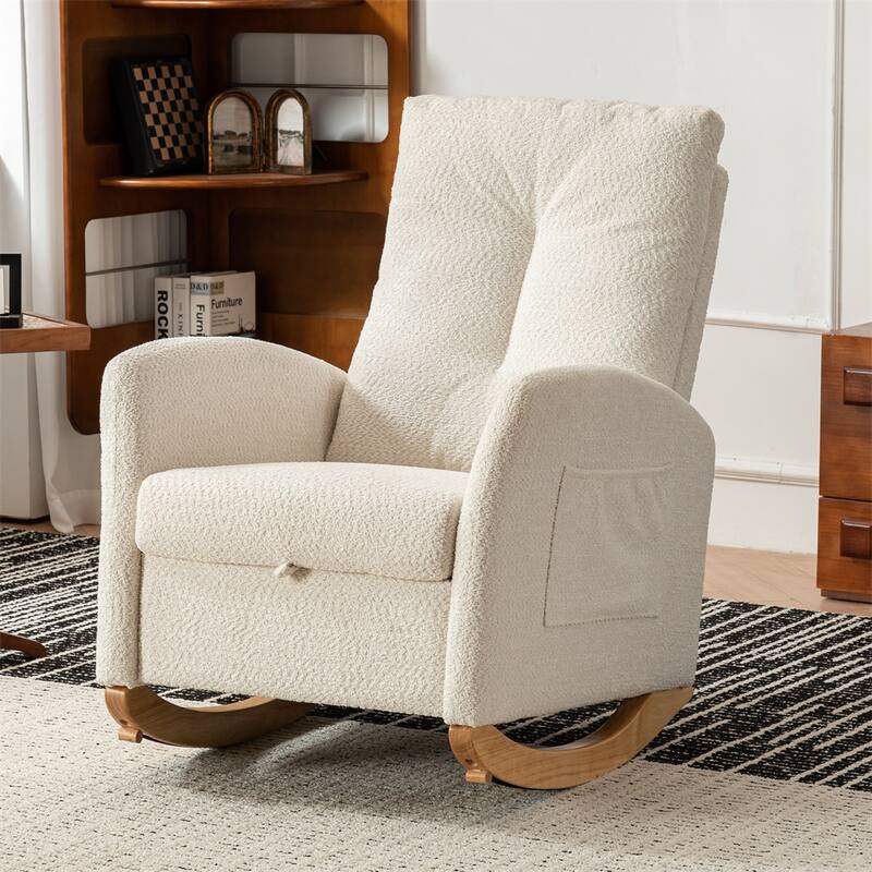 High Back Upholstered Accent Rocking Chair with Footrest, Wood Legs