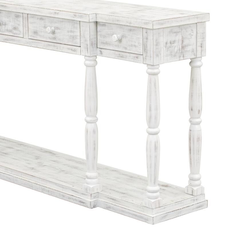 63" Retro Wooden Console Table with 4 Storage Drawers and Bottom Shelf