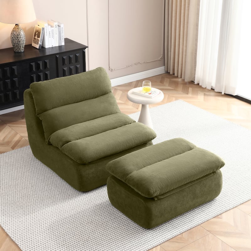 32"Bean Bag Chair with Ottoman, Big Chaise Lounge Chairs for Adults,Tufted Upholstered Lazy Sofa - Green
