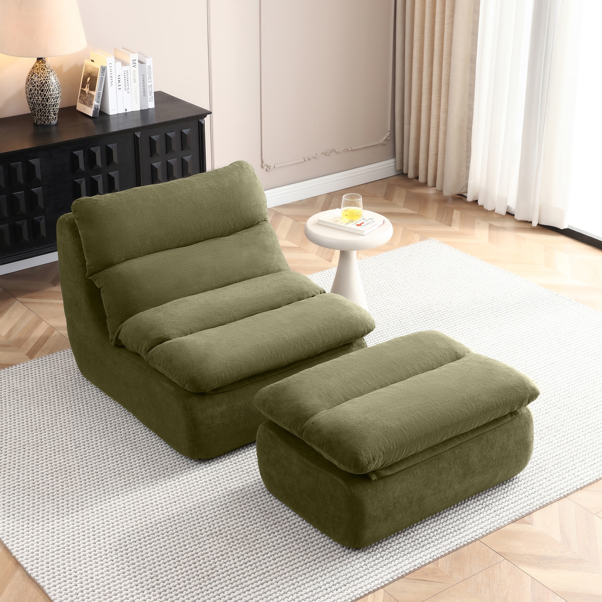 32"Bean Bag Chair with Ottoman, Big Chaise Lounge Chairs for Adults,Tufted Upholstered Lazy Sofa