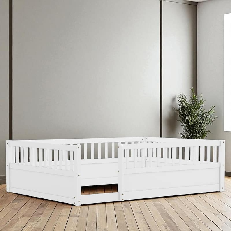 Twin/Full Montessori Floor Bed with High Fence & Open Door, Solid Pine, Playroom/Bedroom, No Box Spring