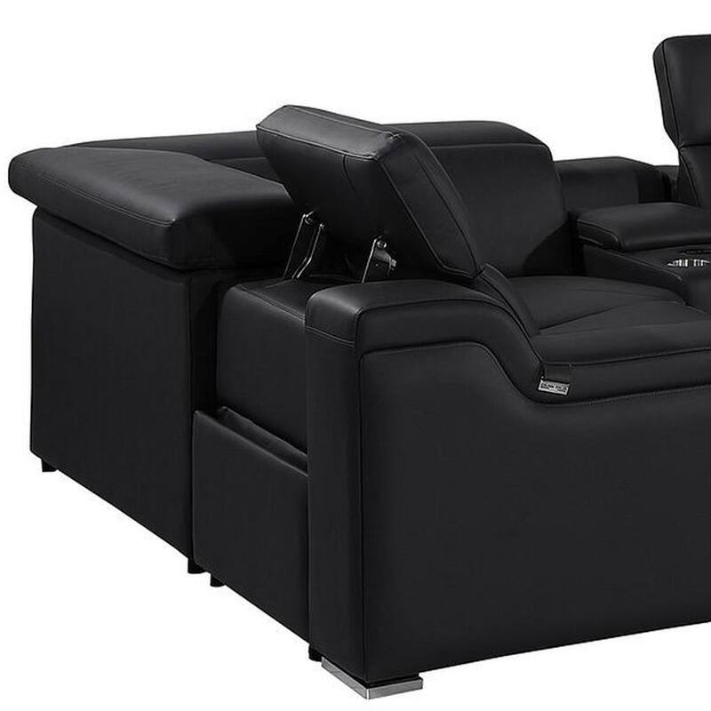 HomeRoots Black Italian Leather Power Reclining U Shaped Eight Piece Corner Sectional With Console
