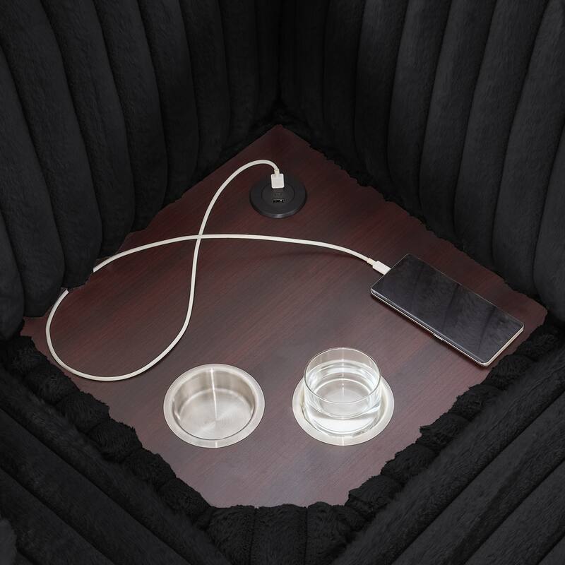 U-Shaped Corduroy Sectional Sofa with Storage Chaise & Pull-Out Bed, Upholstered Corner Sofa with Cup Holder & USB Port