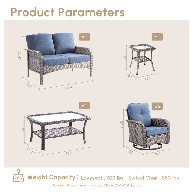 HOOOWOOO 5-piece Grey Wicker Furniture Chat Set Patio Conversation Set with Swivel Chair
