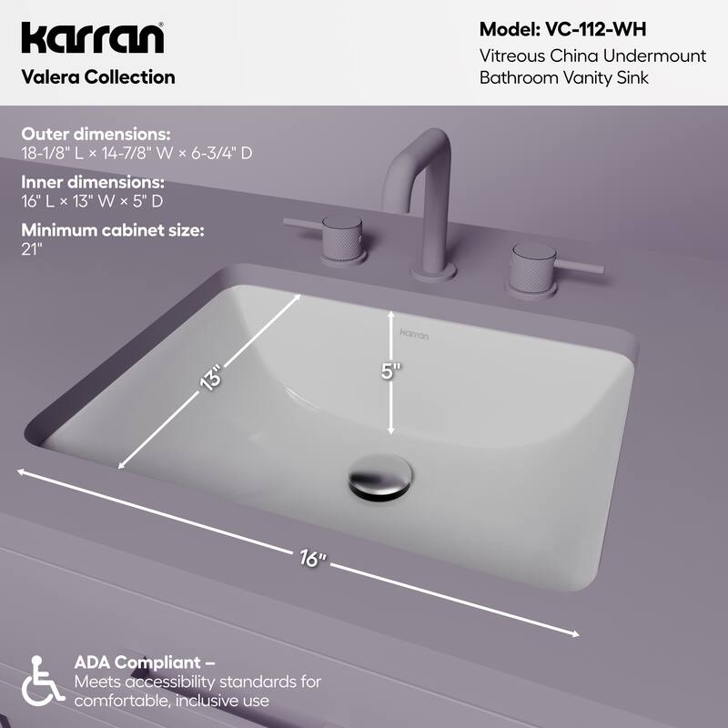 Karran Valera 18" Rectangular Undermount Vitreous China Bathroom Sink in White