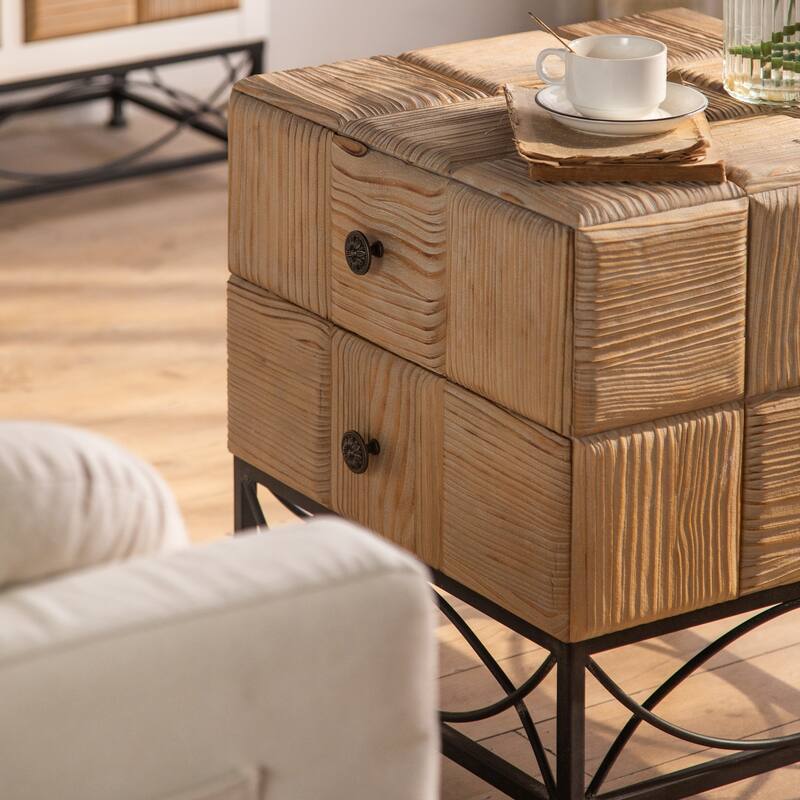 Retro Square Coffee Table With 2 Drawers Small Grid Splicing Design - 21.06*47.64