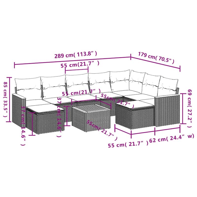 vidaXL Patio Sofa Set with Cushions Outdoor Conversation Furniture Poly Rattan - 24.4 x 24.4 x 27.2 in
