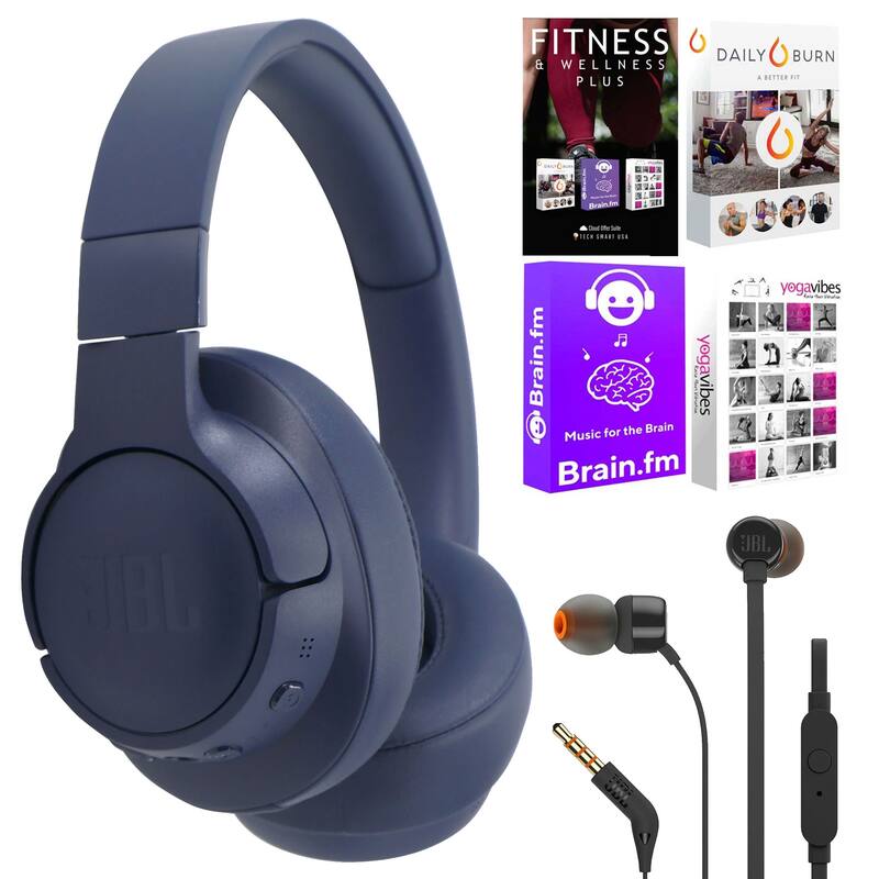 JBL Tune 770NC Noise-Cancelling Over-Ear Headphones (Blue) + JBL T110 in Ear Headphones + Fitness and Wellness Plus Software - Blue