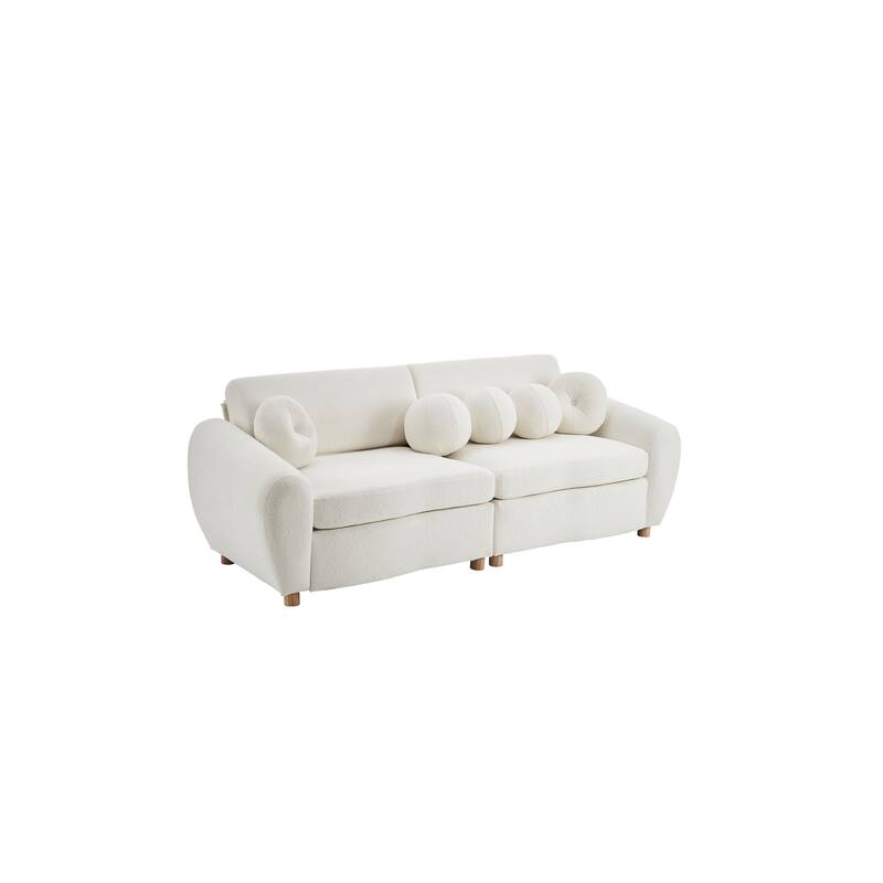 2-seater Loveseat Couch with 5 Toss Pillows and Solid Wood Legs, Chenille Upholstered Sectional Sofa, Easy Assembly,White
