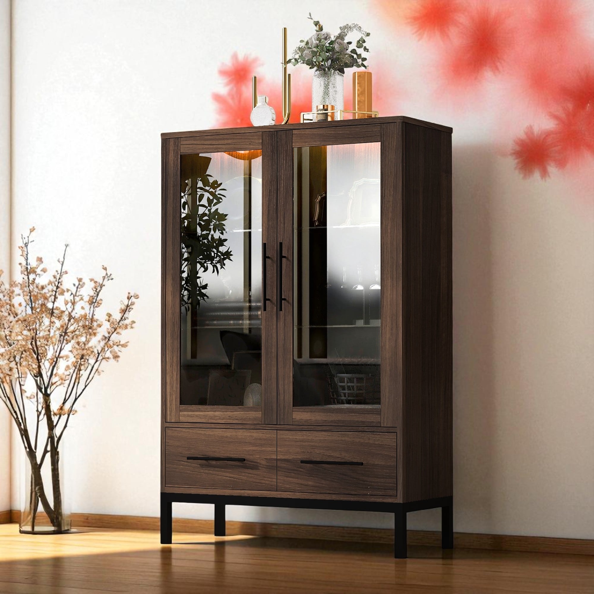 60" Tall Farmhouse Display Cabinet with Glass Doors, LED Lighting, Adjustable Shelves and 2 Drawers