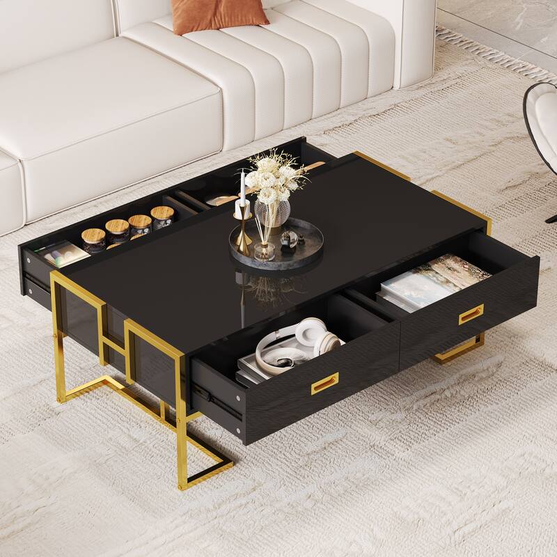 Modern White Rectangular Coffee Table - Black+Gold
