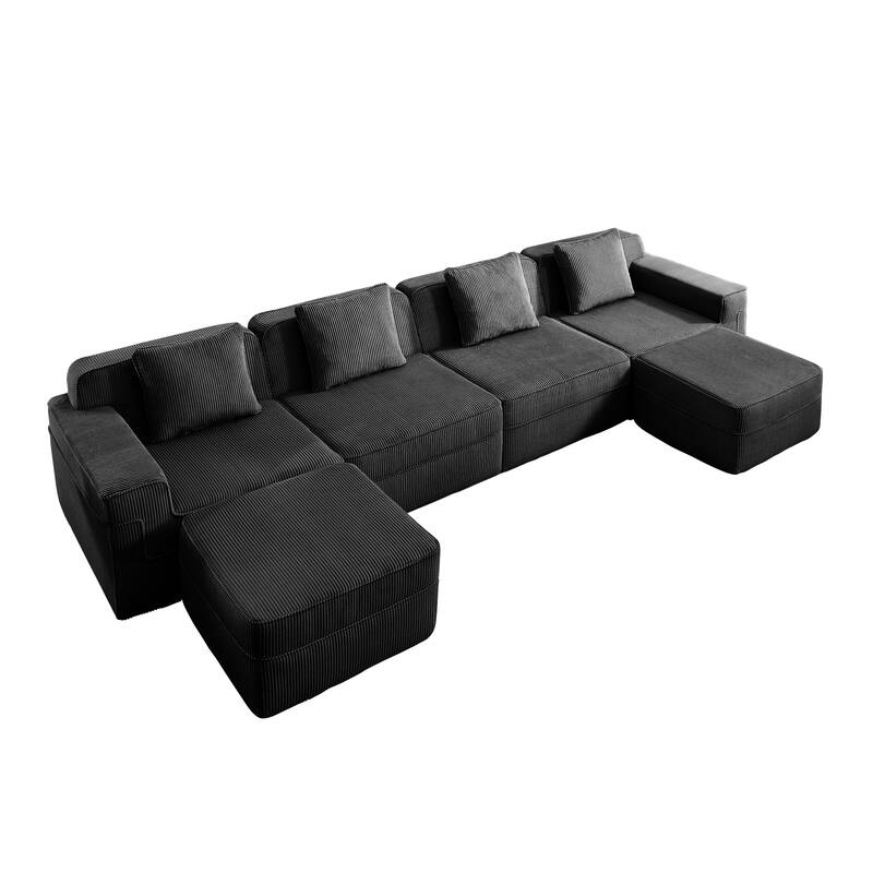 GDFStudio - Corduroy Modular 4-Seater 153.5" U-Shaped Boneless Cloud Sofa with 2 Ottomans