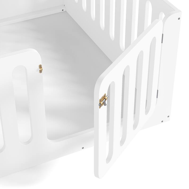 Toddlers Montessori Floor Bed with High Fence, Door, Low Profile Platform Bed Frame for Kids with No Box Spring Needed, No Slats