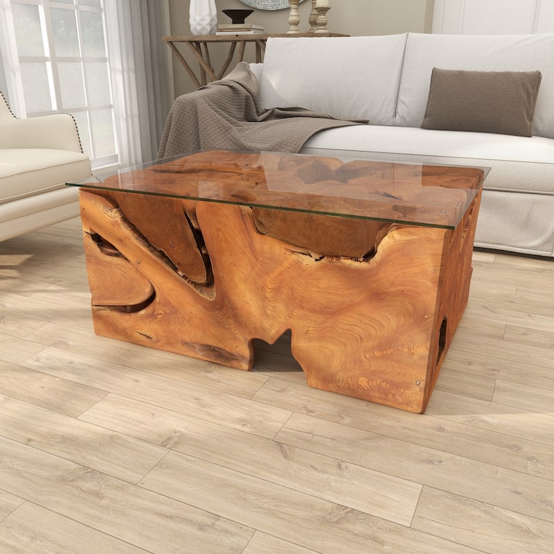 Benzara Brown/Clear Teak/Glass 43-inch x 18-inch Coffee Table