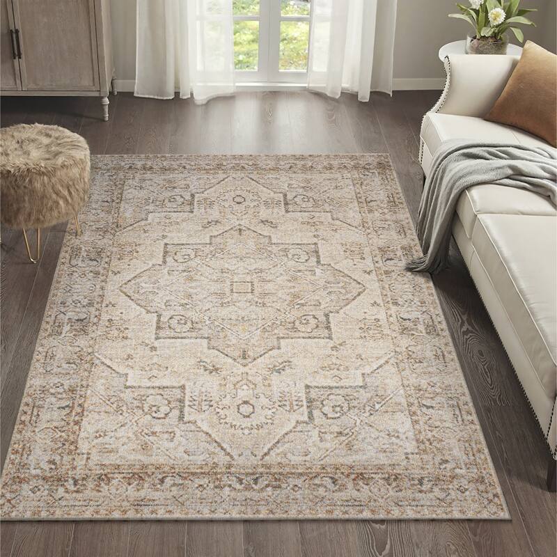 JONATHAN Y Retro Vintage Native American Medallion Machine-Washable Cream/Brown Area Rug