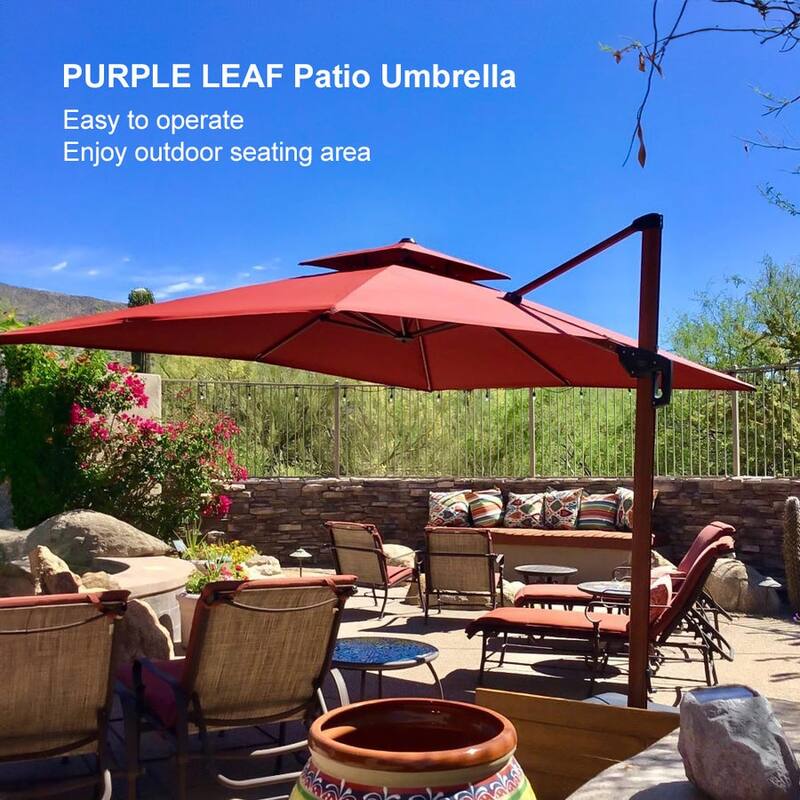 PURPLE LEAF 11ft Square Wood Pattern Patio Cantilever Umbrella with Base