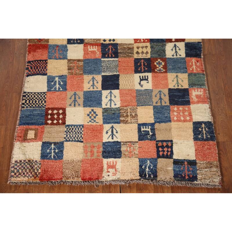 Tribal Checkered Gabbeh Persian Vintage Area Rug Handmade Wool Carpet - 3'4"x 5'1"
