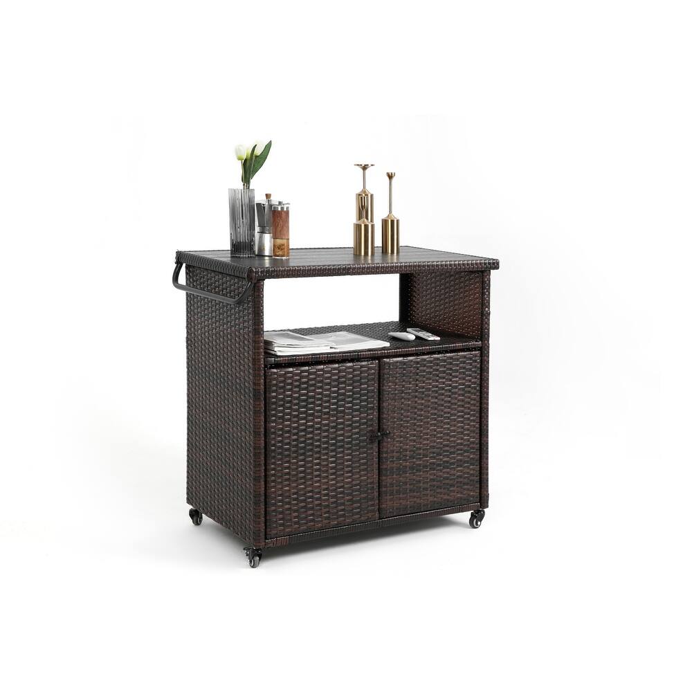HOMEFUN Outdoor Wicker Bar Cart with Storage on Wheels