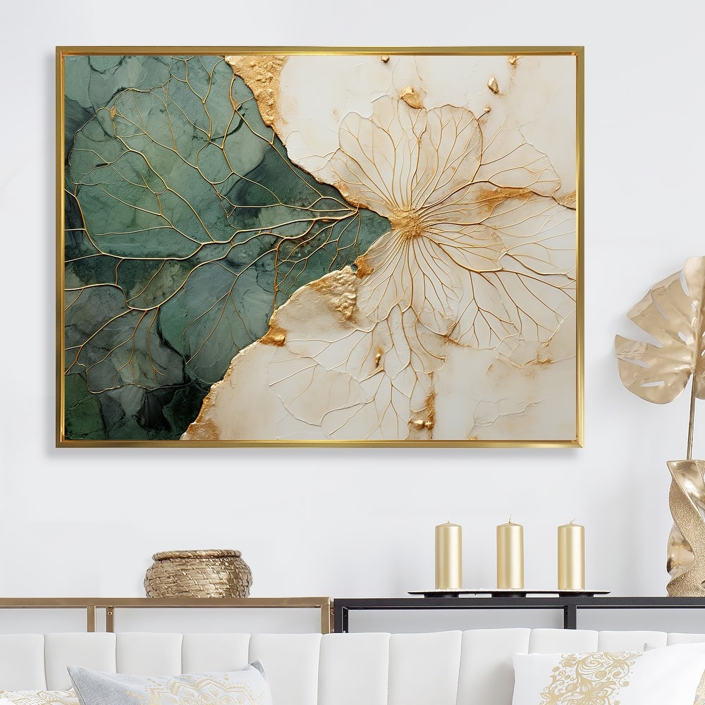 Designart "Green Gold Minimalism Poteries I" Abstract Spirals Framed Wall Art Living Room