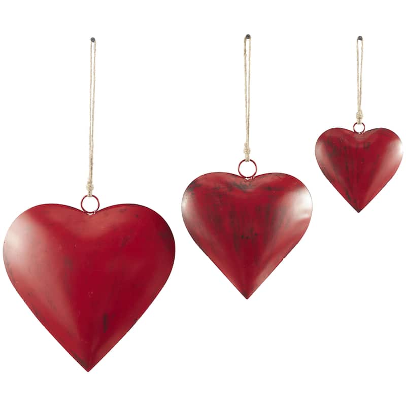Metal Heart Tibetan Inspired Decorative Bells with Jute Hanging Rope - Set of 3 Red, Silver or Gold - Roche River Decor - Red