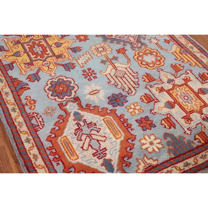 Light Blue Geometric Oushak Oriental Foyer Rug Handmade Wool Carpet - 4'0"x 6'2"