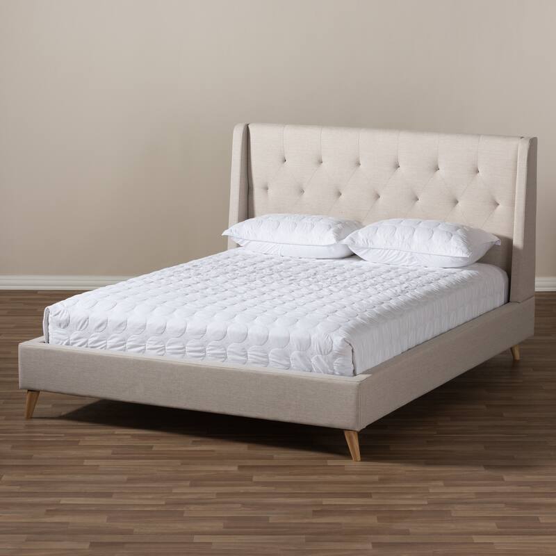 King Size Platform Bed with Winged Headboard - Upholstered Fabric Bed Frame - Beige Bedroom Furniture