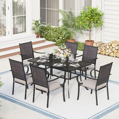 7-piece Patio Dining Set, 6 Rattan Chairs with Cushion and 1 Metal Table with Umbrella Hole