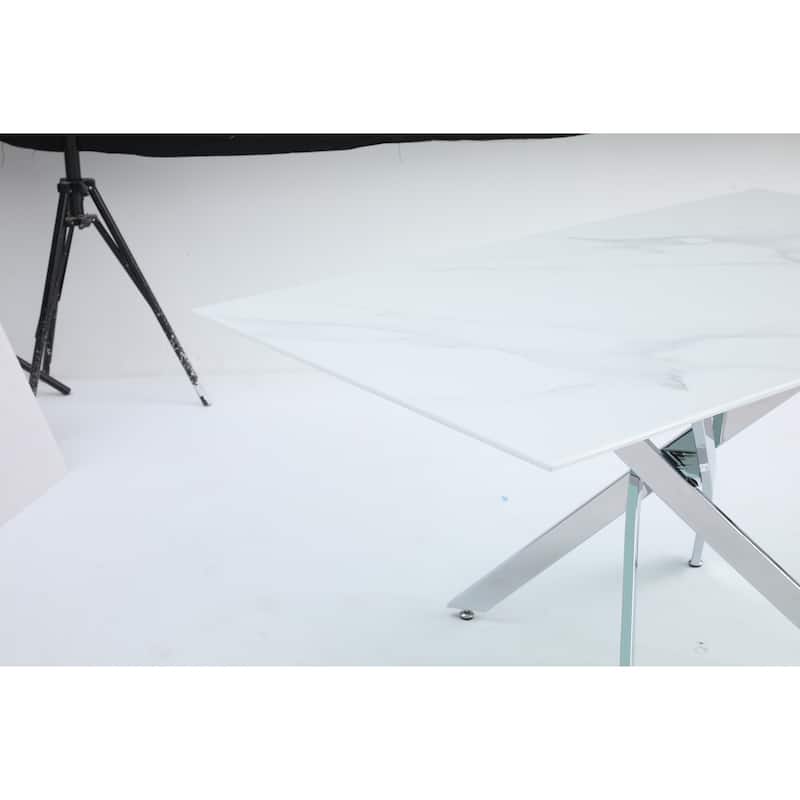 Modern rectangular tempered glass table and silver iron frame