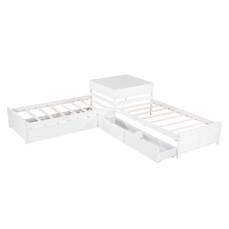 L-Shaped Platform Bed With Trundle And Drawers Linked With Built-In Desk,Twin