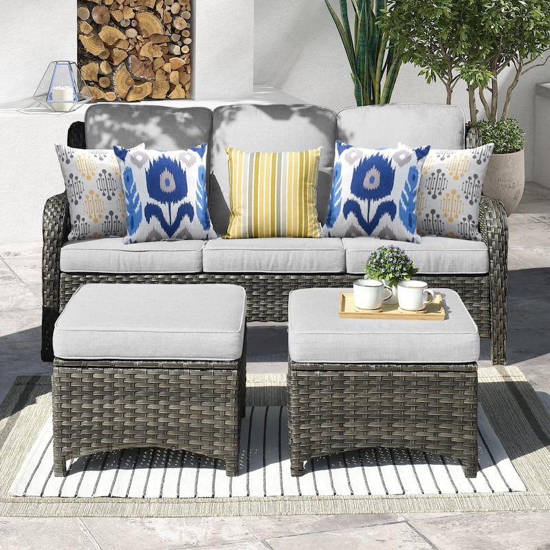 OVIOS 3-piece Patio Wicker Sofa with Ottomans - Grey-Grey Wicker