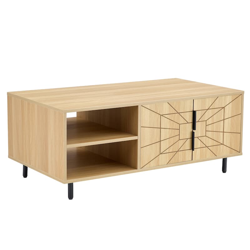 Spider Web Textured Coffee Table, Multi-functional Wooden Buffet Cabinet, Center Table with Open Shelves & Metal Legs