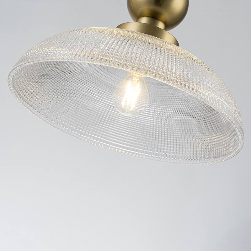 1-Light Gold Pendant Light Shallow Half-Dome Textured Grid Glass Shade - Dia.15.75-in