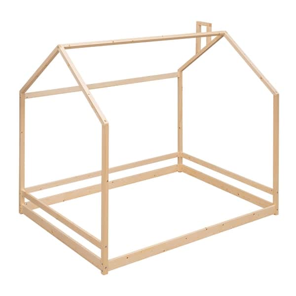 slide 2 of 42, Full Size Wood House Platform Bed, Wooden Bedframe with Roof Natural - Full