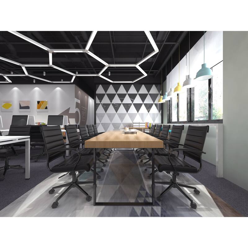 Black Office Chairs Mid Back Ribbed PU Leather Executive Task Work Conference With Arms Wheels Tilt Swivel Rolling