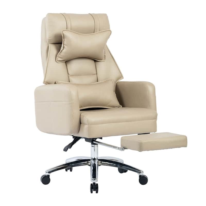 Mid-century Adjustable Swivel Technology Leather Office Chair with Lumbar Support Headrest - Beige