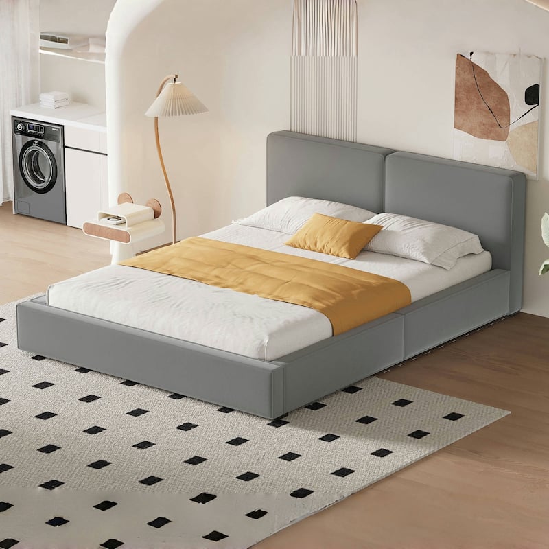 Queen Size Upholstered Platform Bed with Velvet Fabric, Grounded Bed with Solid Frame - Grey