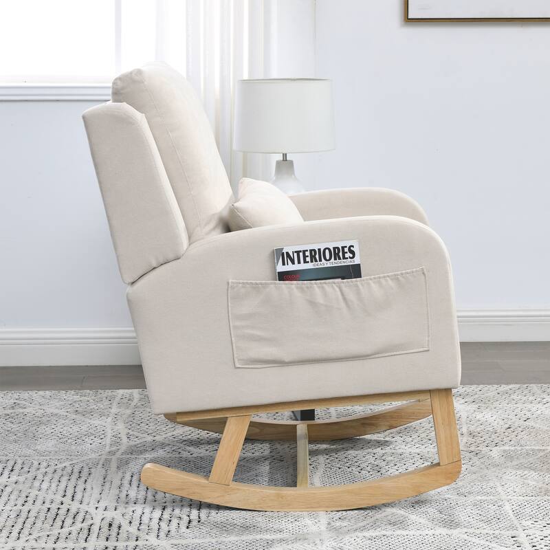 High Back Rocker Accent Chair with Wood Base, One Lumbar Pillow and Two Side Pockets