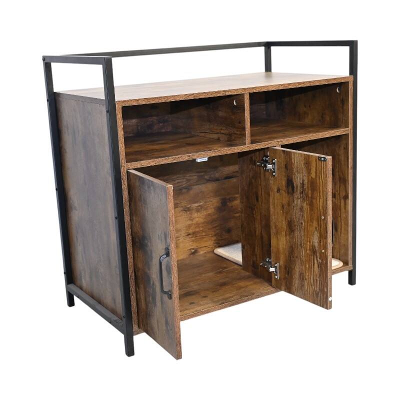 61 lbs Rustic Brown Wooden Cat Litter Box Enclosure, Spacious Hidden Cat Litter Box with Scratching Mat Furniture