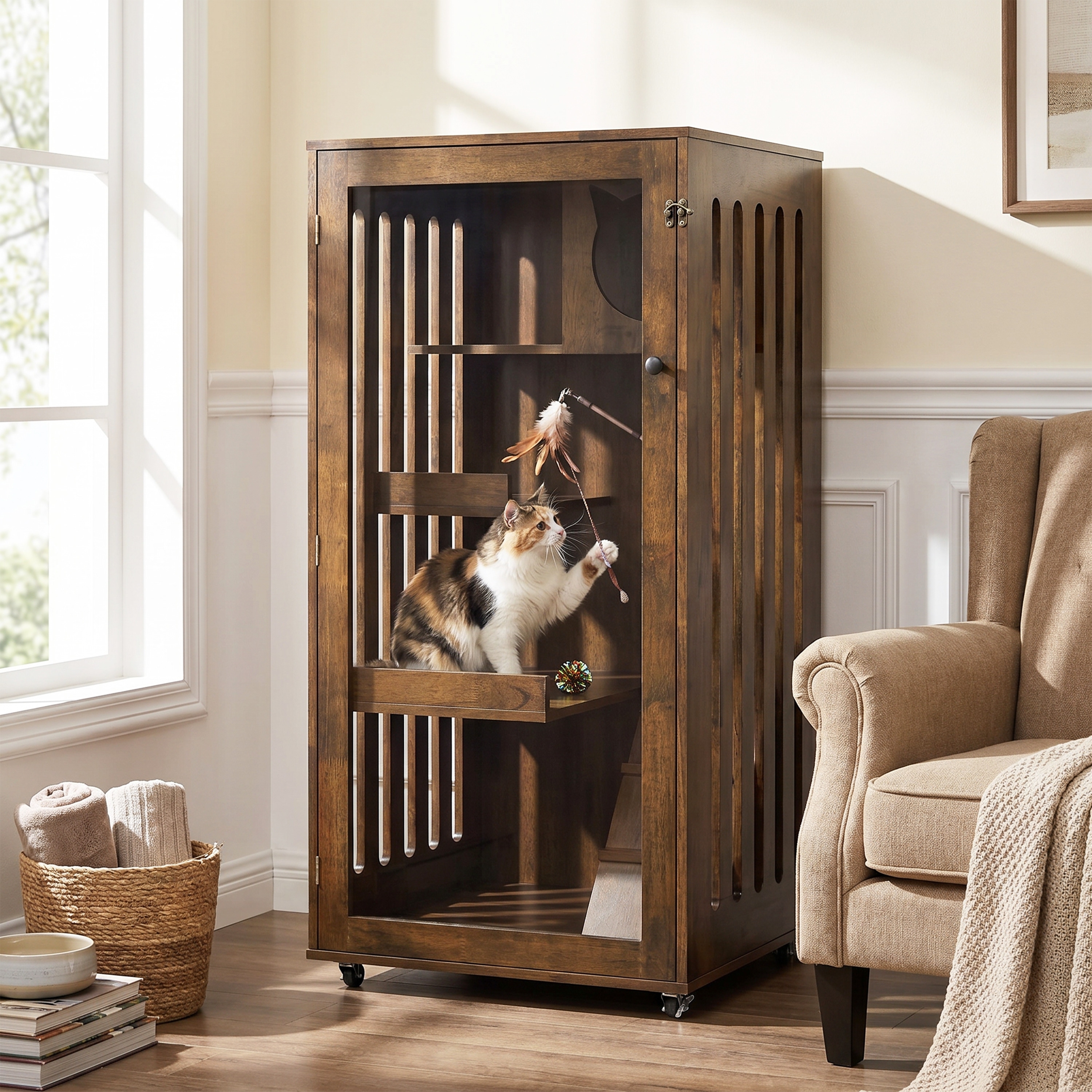 Christopher Knight Home - Basia Indoor Cat House Cabinet, Ventilated Wood Cat Condo with Multi-Level Shelves & Lockable Door
