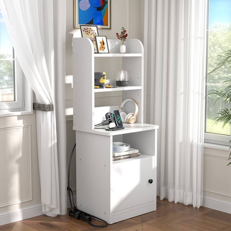 47" Nightstand with Charging Station and LED Lights,Industrial Bedside End Side Table with Adjustable Bookshelf Storage Cabinet - White
