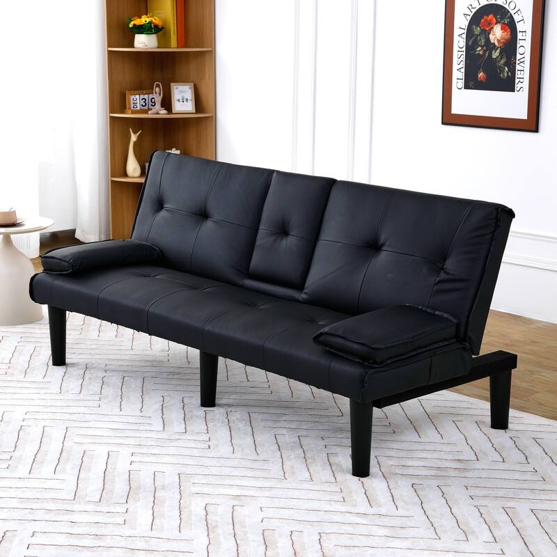 67-inch Black PVC Multi-functional Foldable Sofa Bed with Cup Holder