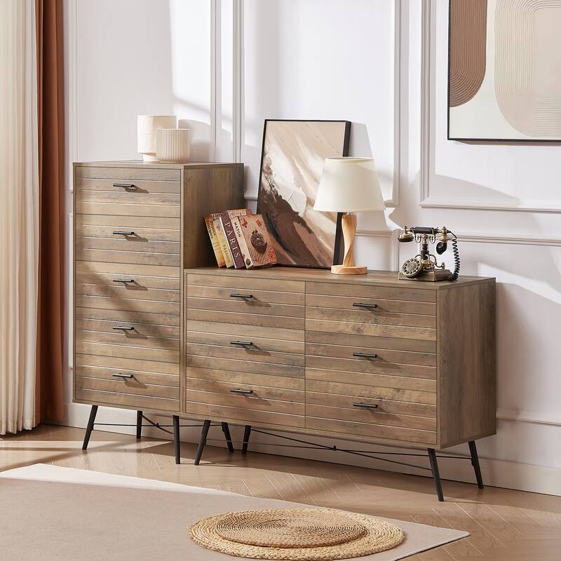 Stylish Spacious Dressing Drawer Storage Wardrobe with 5 Drawers, for Bedroom Hallway, Rustic Walnut