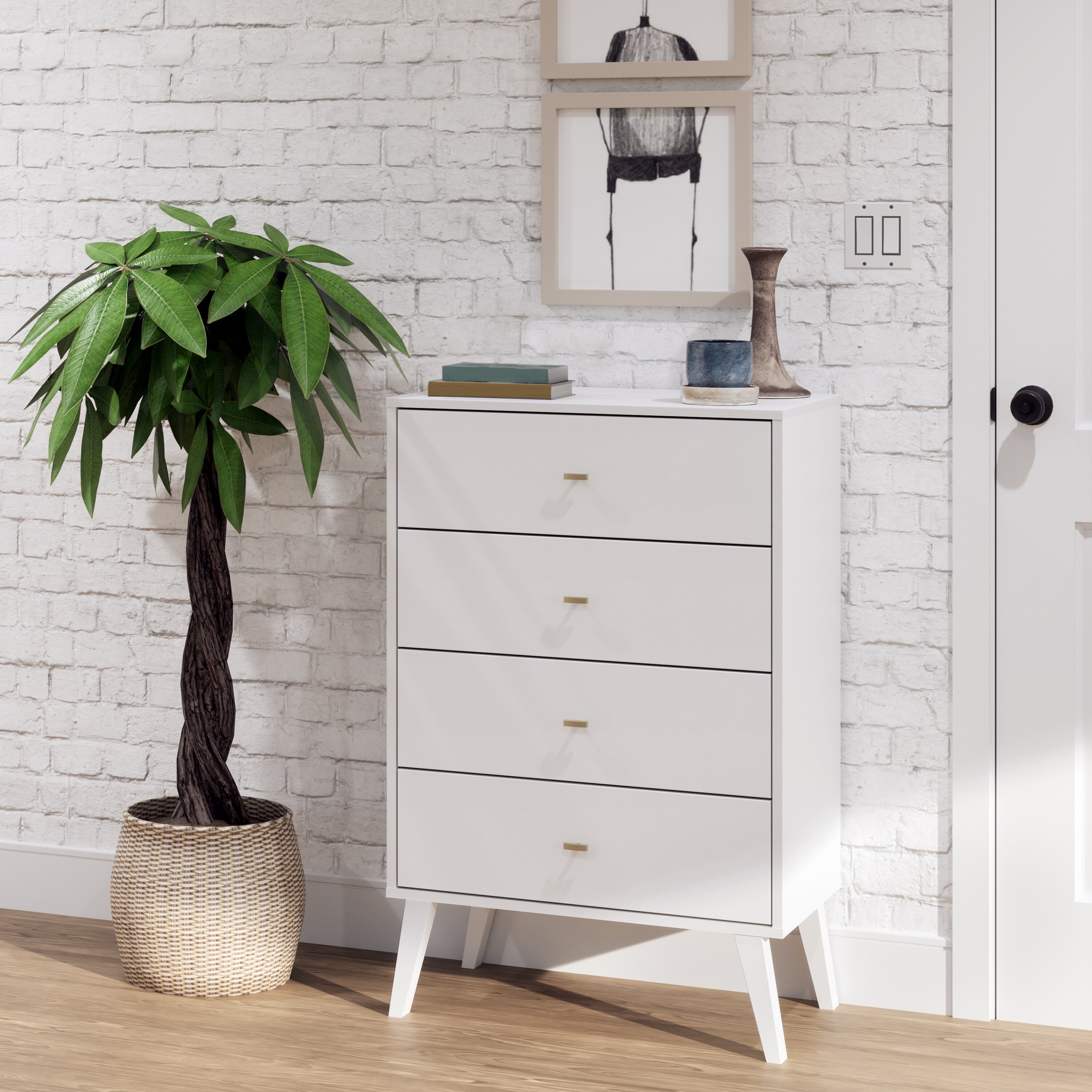 prepac milo mid century modern dresser Prepac Milo Mid-Century Modern 5-Drawer Chest with Door, Drifted Gray