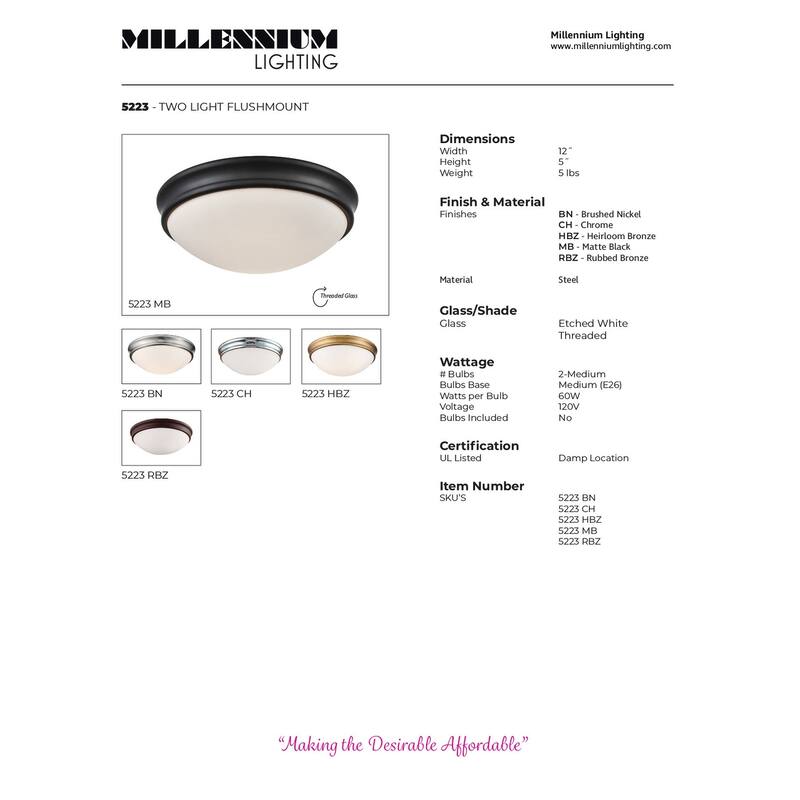 Millennium Lighting 3 Light Flush Mount Ceiling Fixture in Multiple Finishes