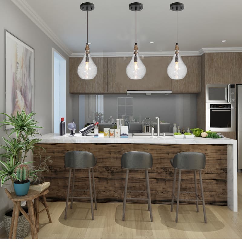 Rustic Farmhouse 1-light Pendant Kitchen Islands Lighting Brown Wood Decor with Seeded Teardrop Glass Shade - D 6'' x H 72''