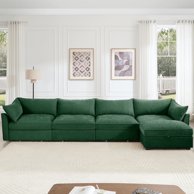 L-Shaped 4-Deep Seater Sectional Sofa Couch with 1 Movable Storage Ottoman & Pull out Drawers Under Each Seat