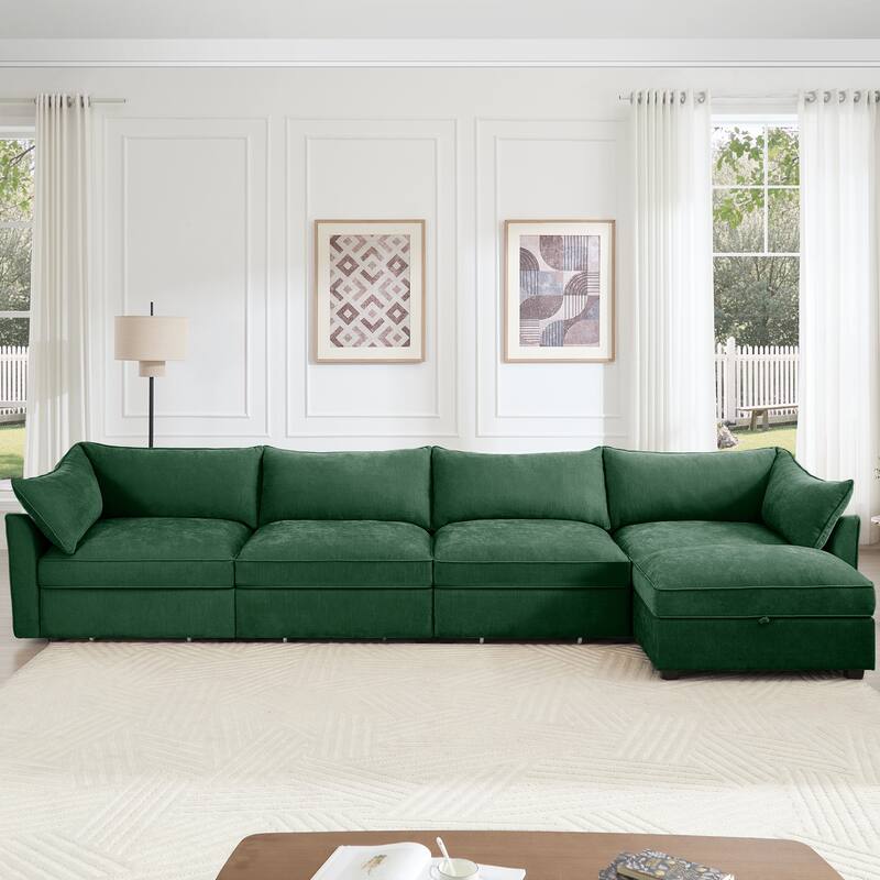 L-Shaped 4 Seater Sectional Sofa Couch,4-seat Sofa with 1 Movable Ottoman, Crescent-shaped Armrests And Wraparound Back