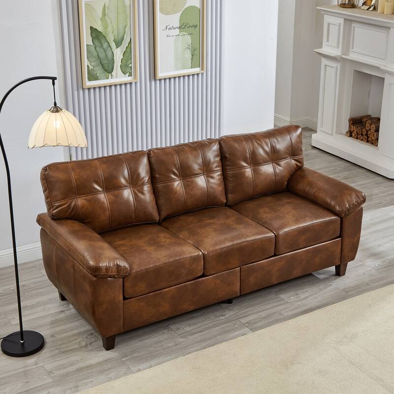 79" Three Seater Sofa Modern Design Faux Leather Couch,Storage,Big Armrest Sofa,Upholstered Breathable PU Leather Sofa