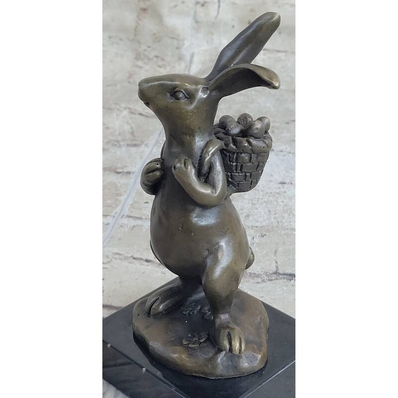 Signed Original Milo Bunny W. Basket Of Flower Bronze Art Decor Sculpture Figure